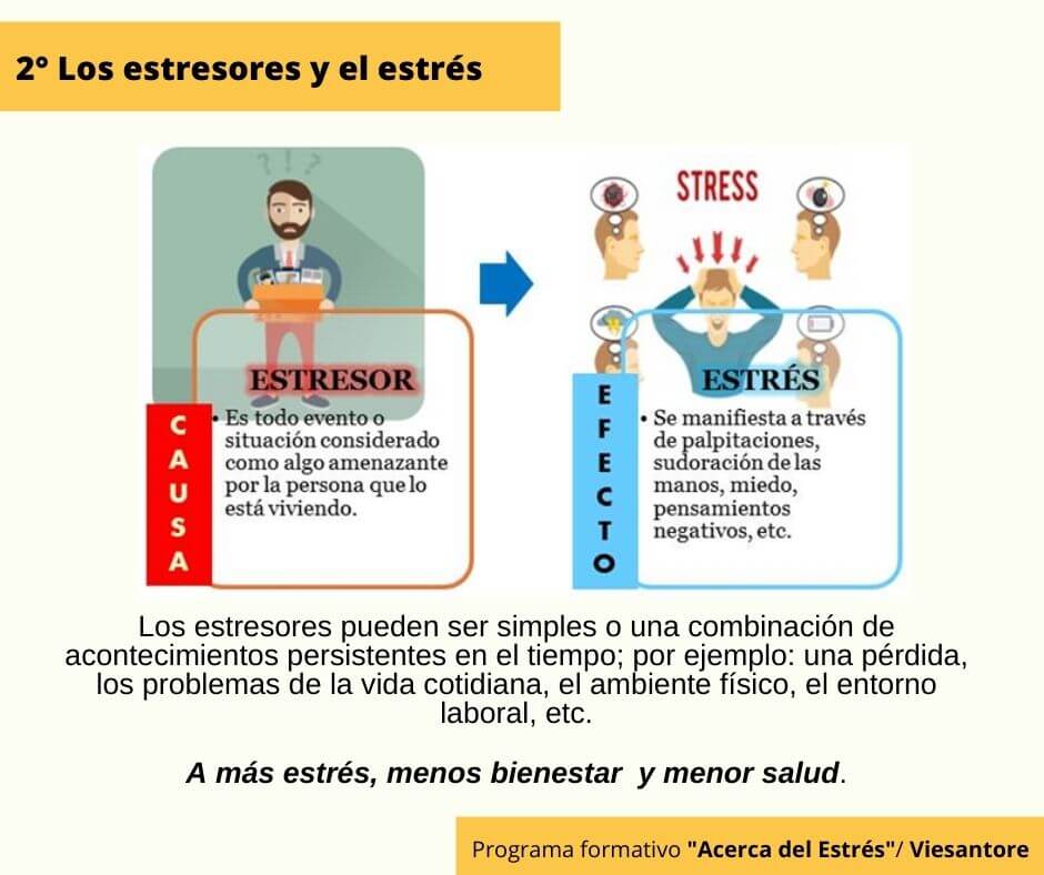 Infografía donde se detalla que son los estresores y cuál es su relación con el estrés