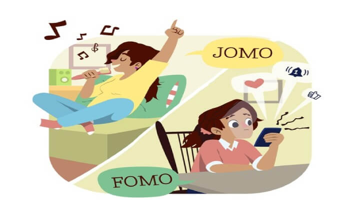 Una joven cantando en su cuarto y otra joven angustiada viendo las interacciones en sus redes sociales. Imagen que ilustra el tema Síndrome FOMO versus JOMO.